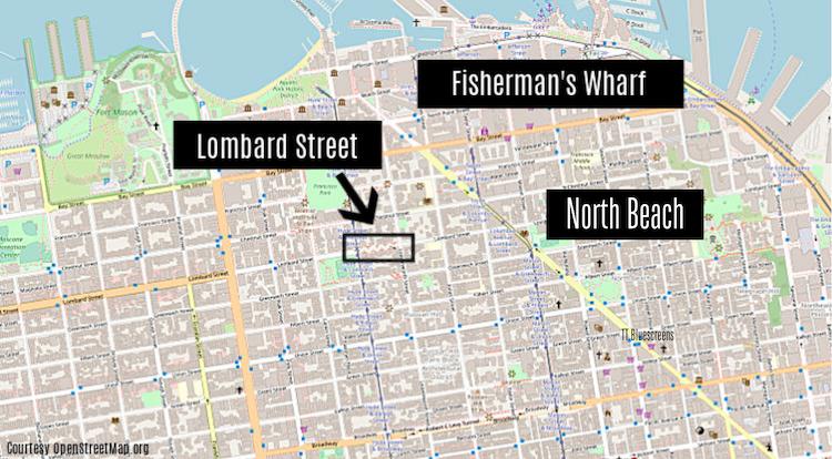 Map on where Lombard Street is located in San Francisco