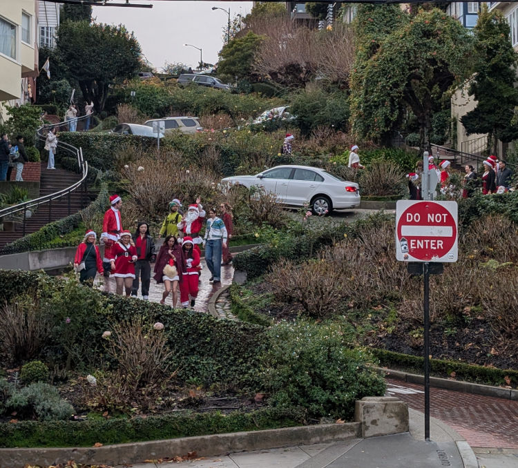Santa's walking down Lombard during Santacon Santa's walking down Lombard during Santacon