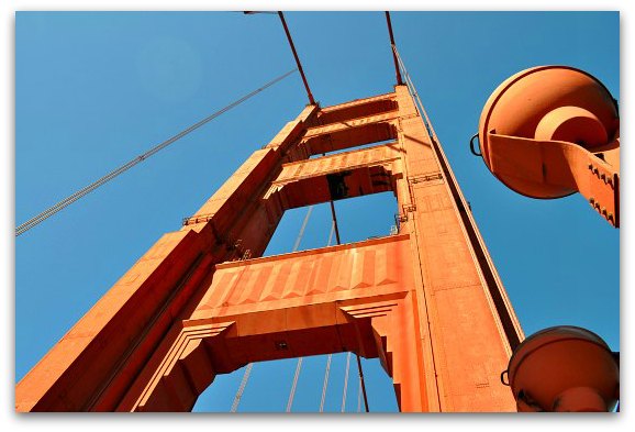 Looking up at the southern tower of the Golden Gate Bridge