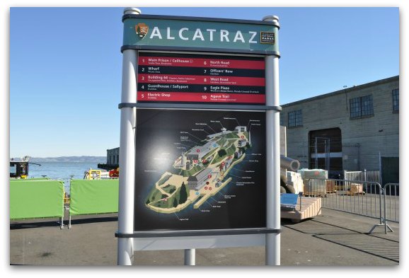 A map showing Alcatraz Island on display at Alcatraz Landing