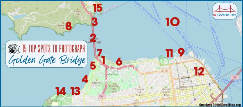 Map of where to photograph the Golden Gate Bridge