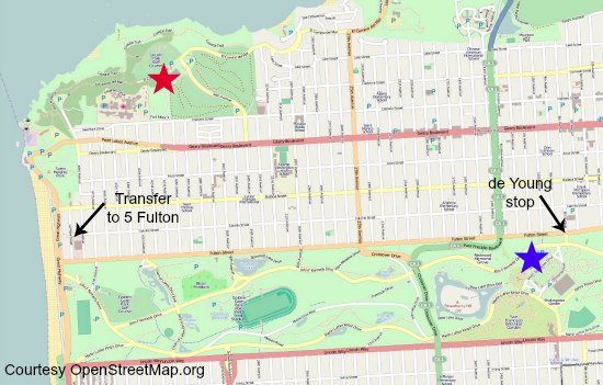A map showing how to get from the Legion of Honor to the de Young Museum by bus in San Francisco