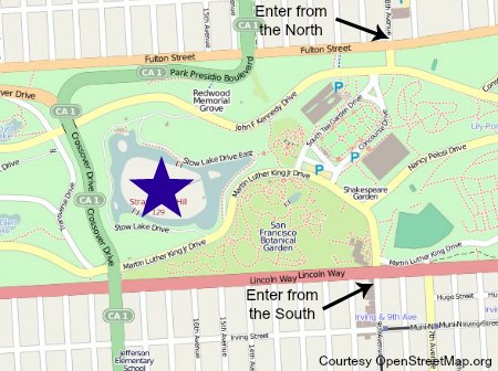 Map to Blue Heron Lake from the northern and southern entrances in Golden Gate Park.