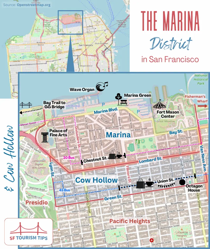 Map of the Marina and Cow Hollow Districts, including their top attractions and transport