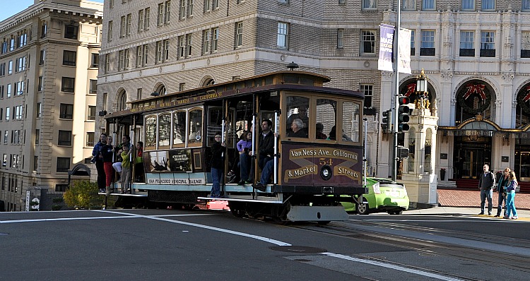 Cable car in front of Mark Hopkins in SF