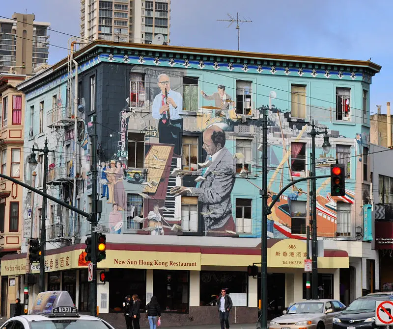 A large jazz mural on the corner of Broadway and Columbus Avenue in North Beach.