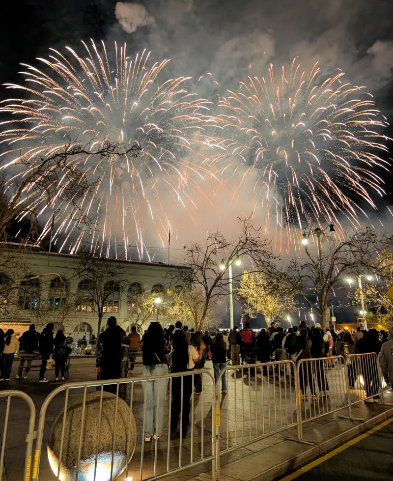 Fireworks behind the Ferry Building on NYE