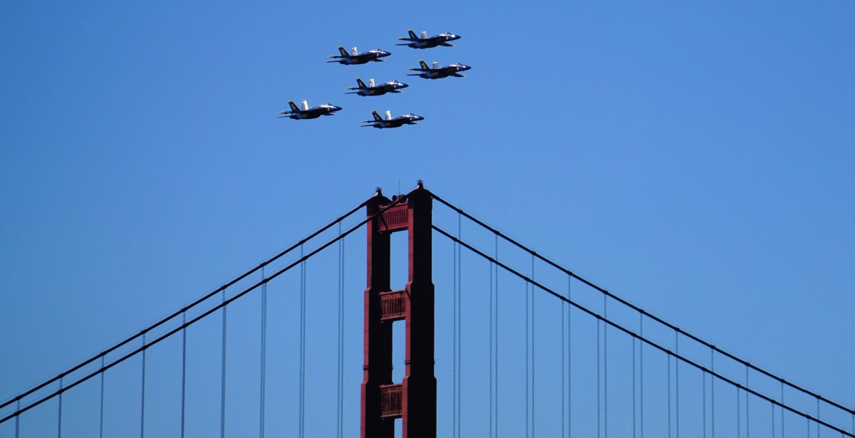 Blue Angels flying over the Golden Gate Bridge