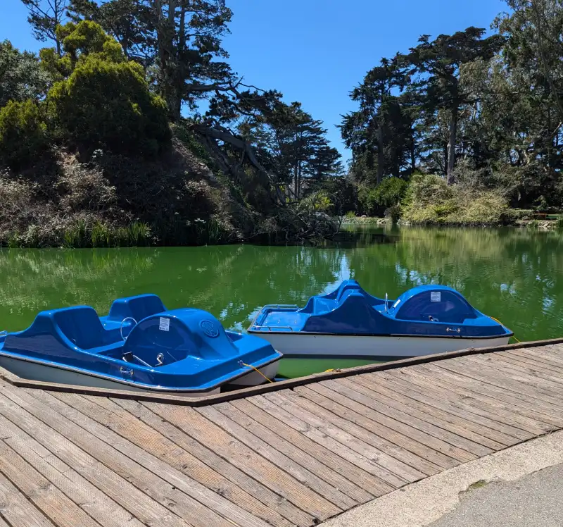 Two blue pedal boats at Blue Heron Lake