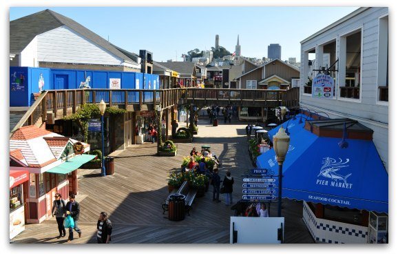 The shopping venues along SF's Pier 39 in Fisherman's Wharf.