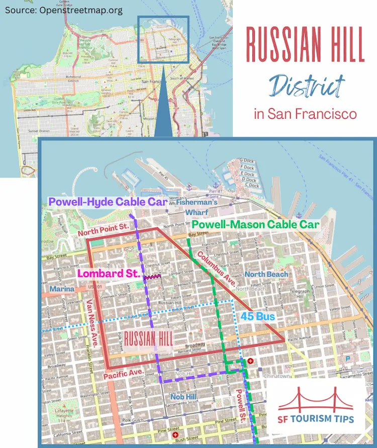 Map of the Russian Hill District in San Francisco, including Lombard St., cable car lines, and neighboring districts