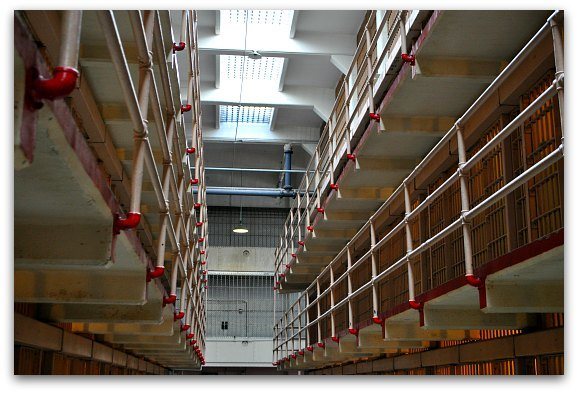 Looking up at the prison cells on the second floor in the main prison building.