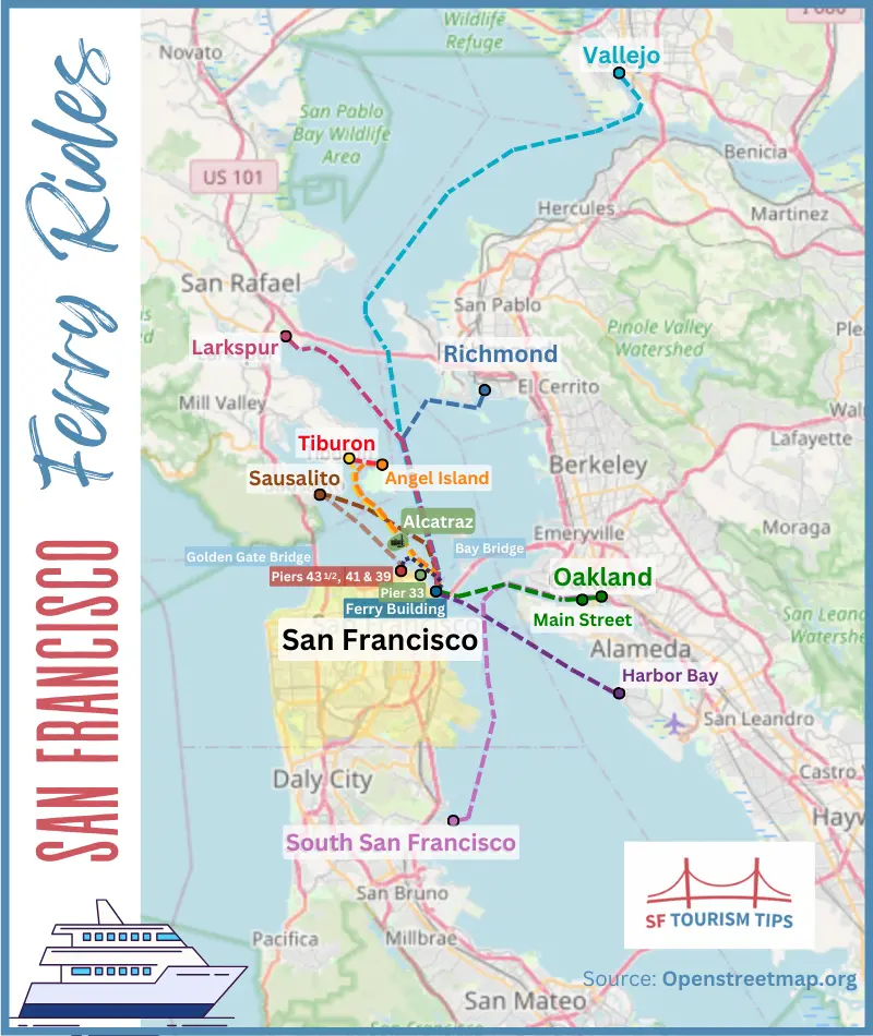 Map of the best ferry rides from San Francisco around the Bay Area