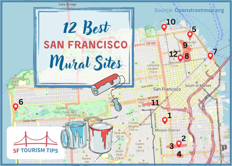 Map of the top 12 spots to find murals in SF
