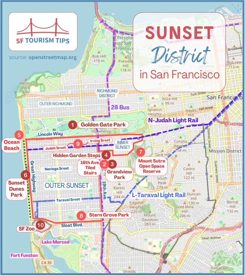 Map of the Sunset District, including top attractions and transport