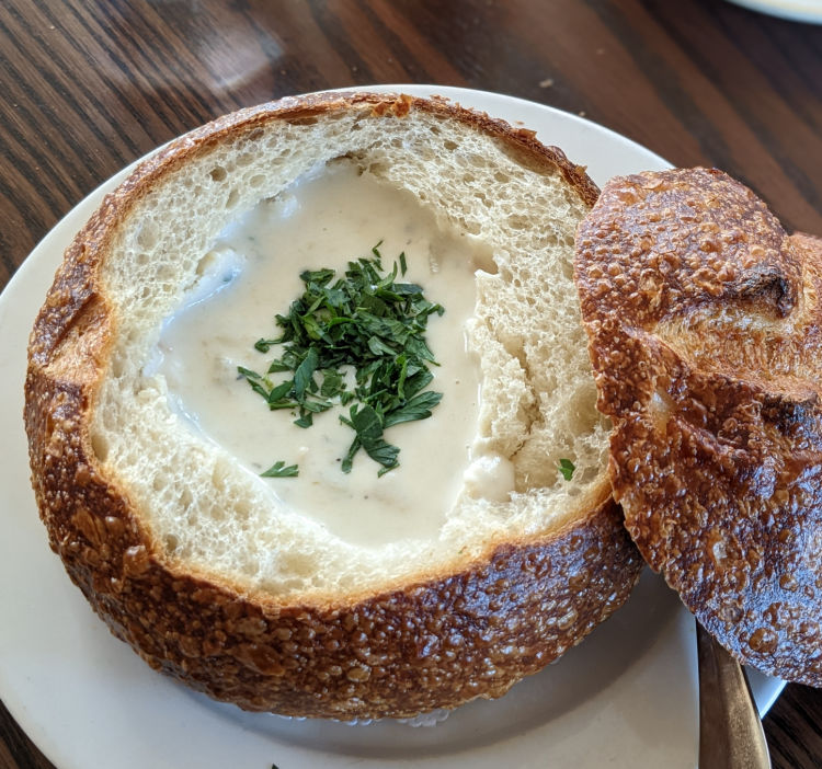 The sourdough bread bowl with clam chowder at Scoma's. The sourdough bread bowl with clam chowder at Scoma's.