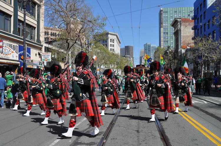 Bagpipers playing in the SF St. Patrick's Day Parade