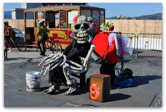 Street performers along Jefferson Street in San Francisco.