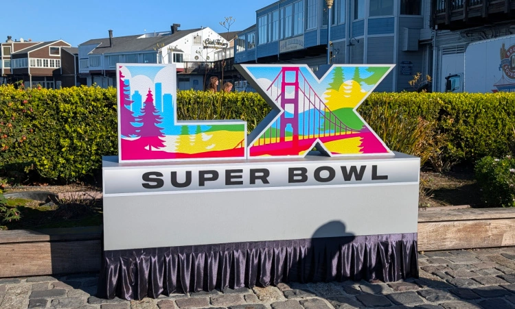 Super Bowl 60 sign outside Pier 39