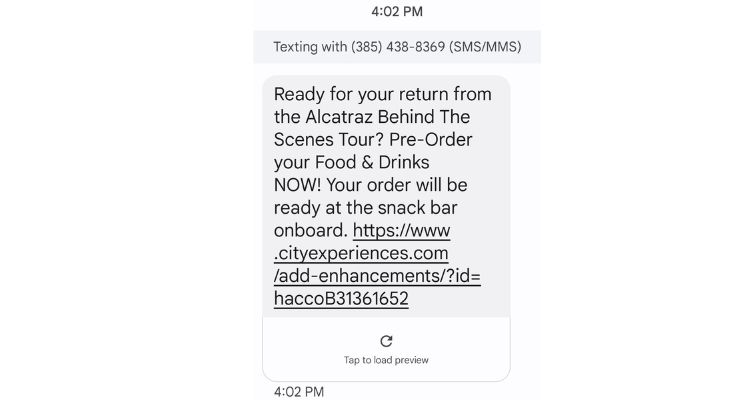Text Message from Alcatraz Cruises