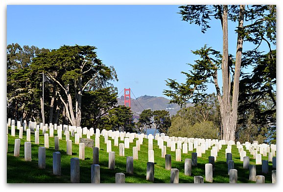 Golden Gate Bridge from the National Cemetery in the SF Presidio