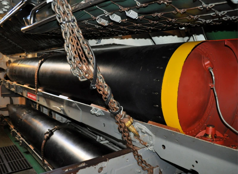 Two torpedos aboard the USS Pampanito Submarine in Fisherman's Wharf