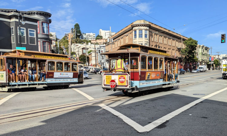 Two cable cars passing each other in San Francisco