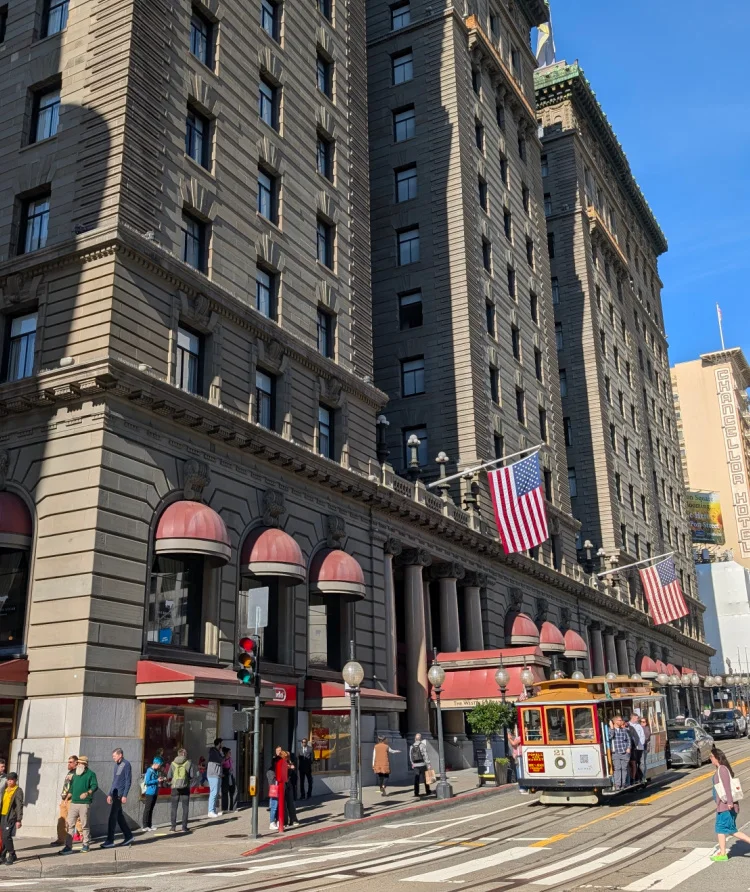 Cable car in front of the Westin St. Francis in Union Square, which had designated rooms for pet owners.