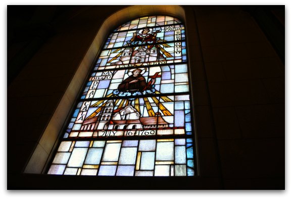One of the stained glass windows in the basilica
