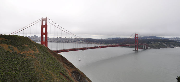Winter fog hanging over the Golden Gate Bridge in San Francisco.