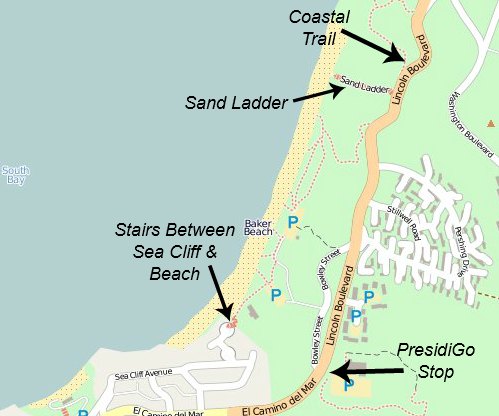 Map of baker beach showing parking, presidigo stop and coastal trail.