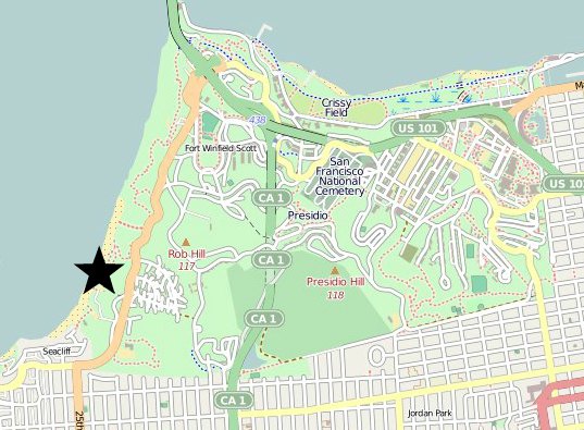 A map showing where Baker Beach is within the Presidio