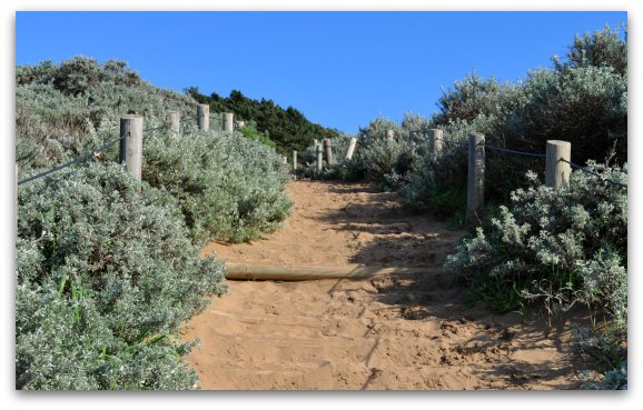 The sandy stairs that take you down to Baker Beach in San Francisco